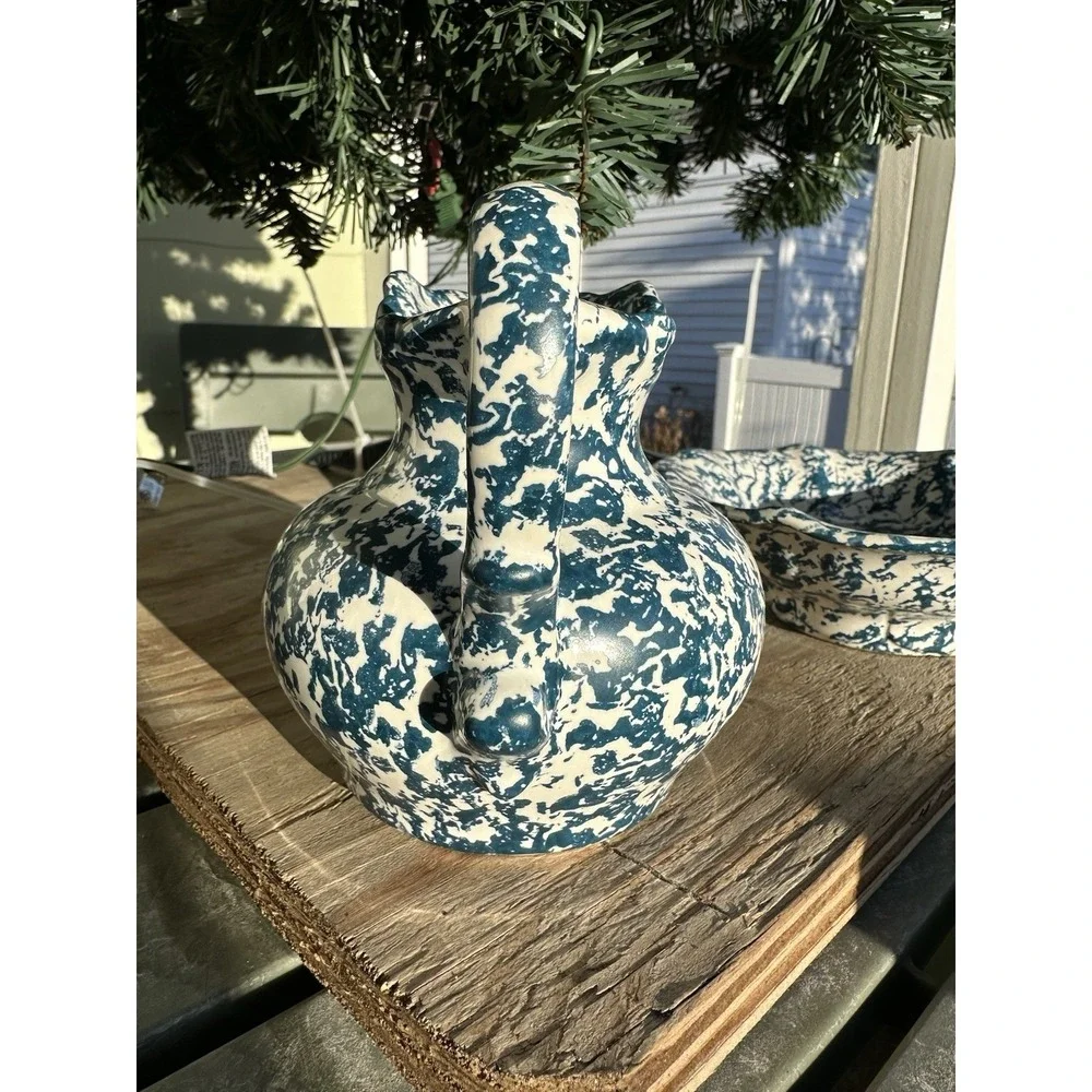 Vtg McCoy Blue Country Spongeware‎ Stoneware Pottery Small Pitcher And Bowl Set